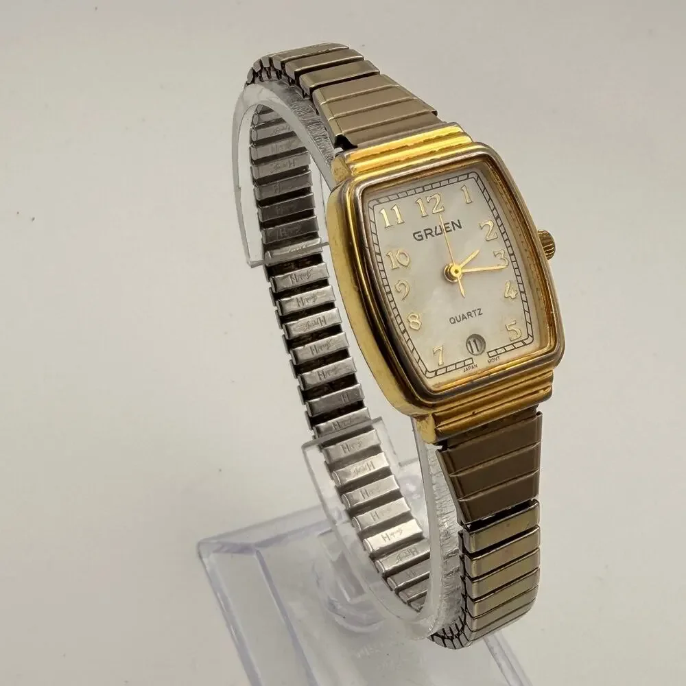 Elegant Vintage Gruen Quartz Gold-Tone Tank Watch Working